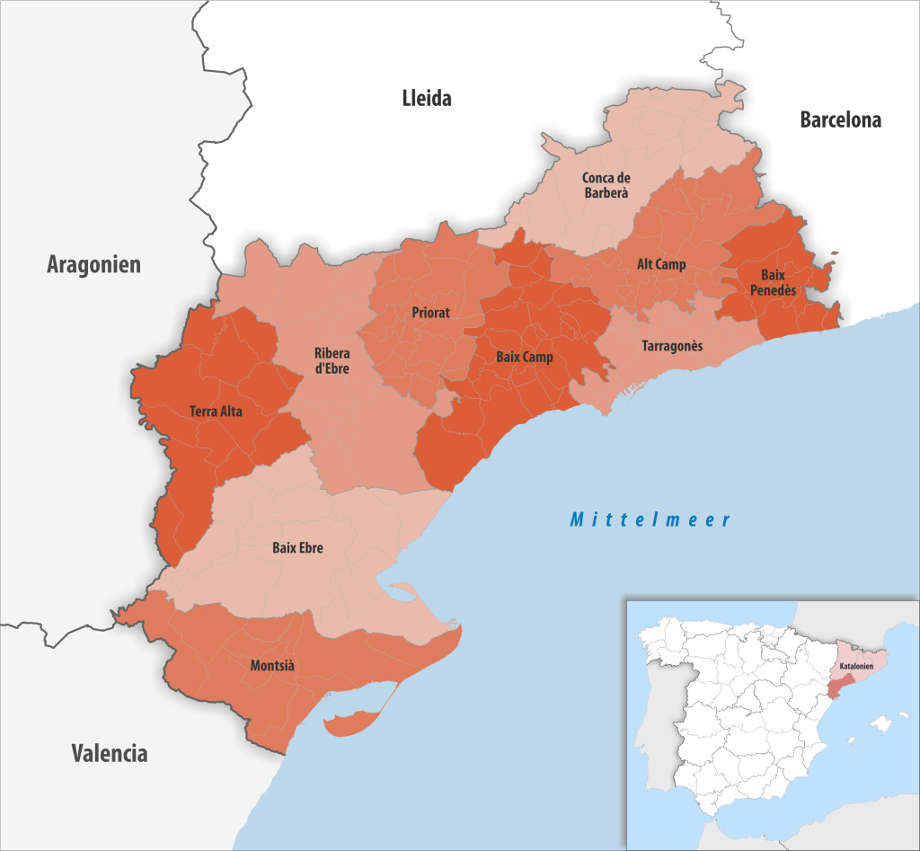 Mapa de las comarcas de la provincia de Tarragona.