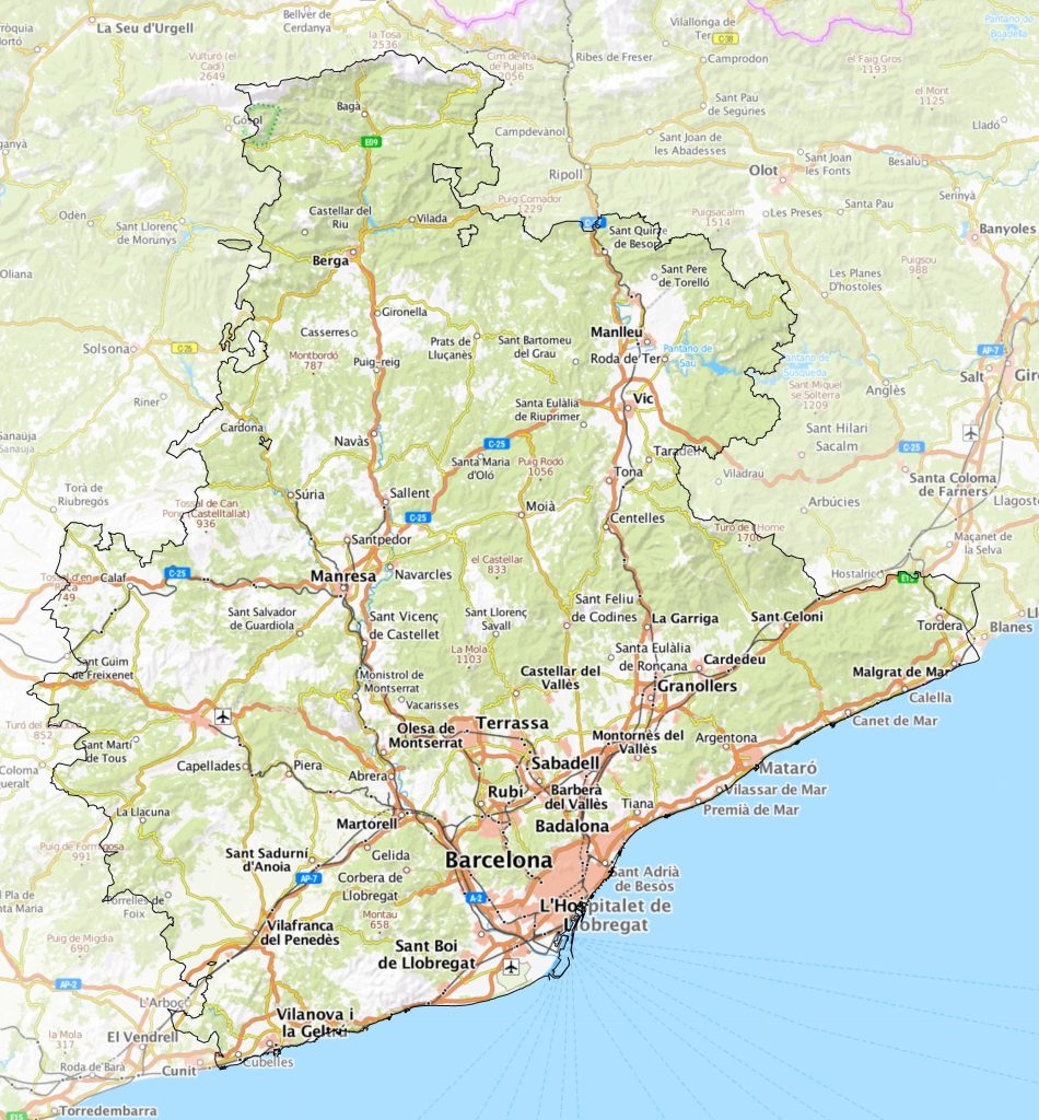Mapa físico de la provincia de Barcelona.
