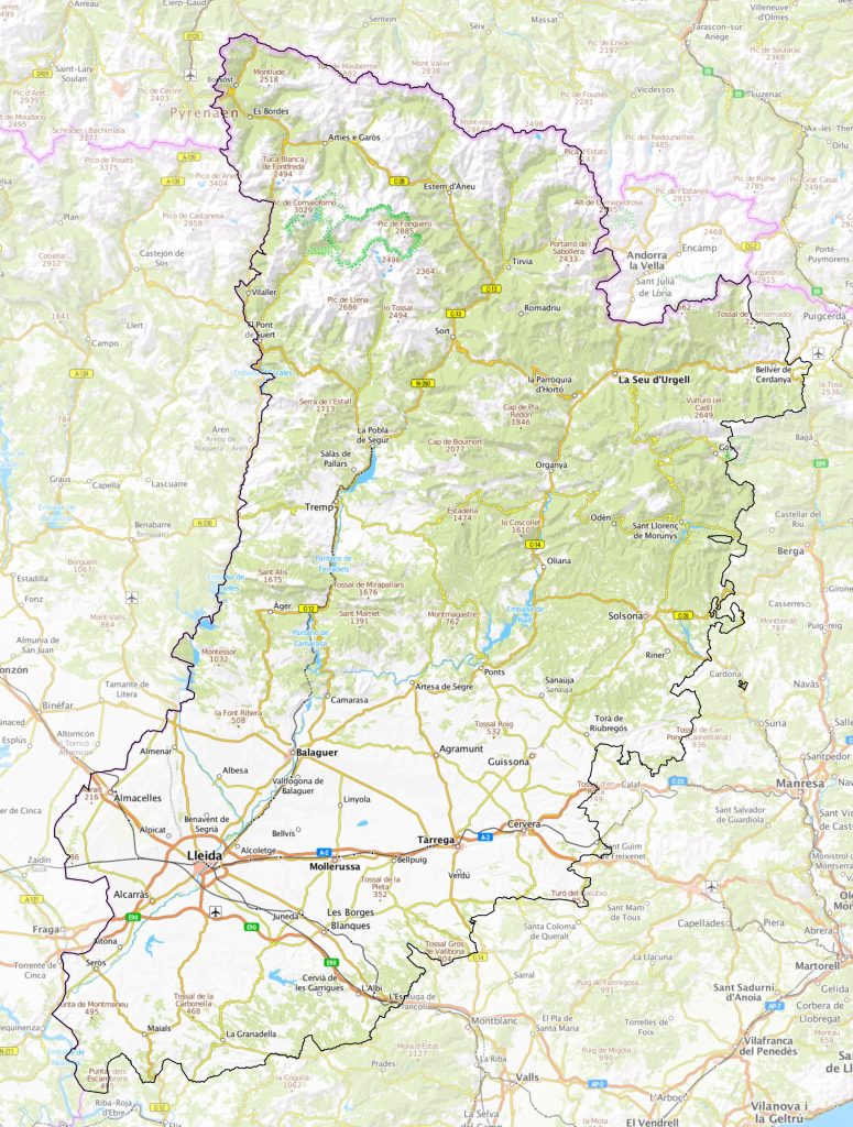 Mapa físico de la provincia de Lérida.