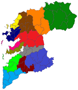 Mapa mudo de los partidos judiciales de la provincia de Pontevedra.