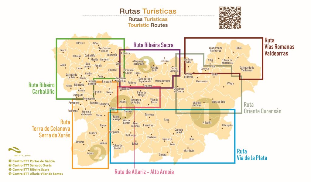 Mapa de las rutas turísticas de la provincia de Orense.