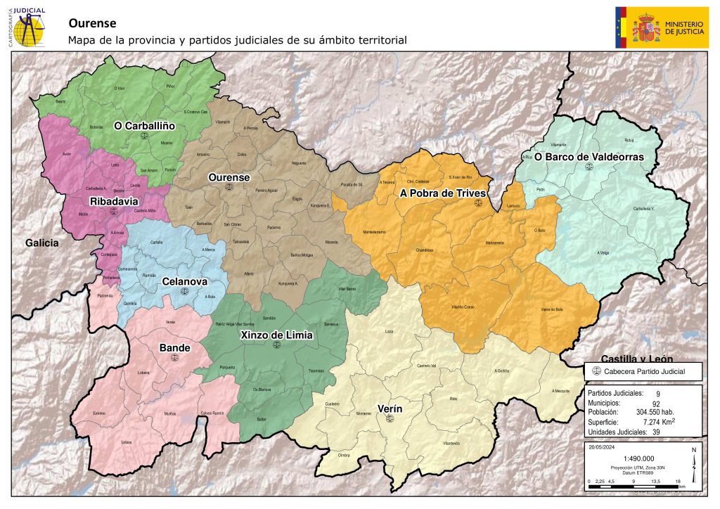 Mapa de los partidos judiciales de la provincia de Orense.