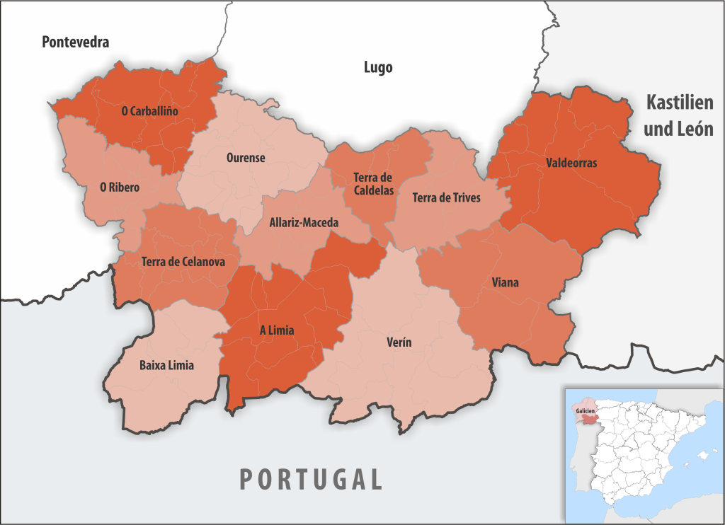 Mapa de las comarcas de la provincia de Orense.