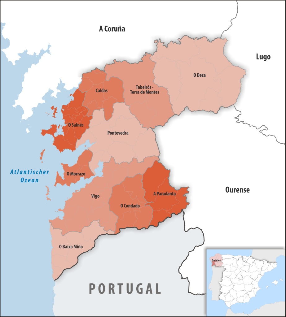 Mapa de las comarcas de la provincia de Pontevedra.