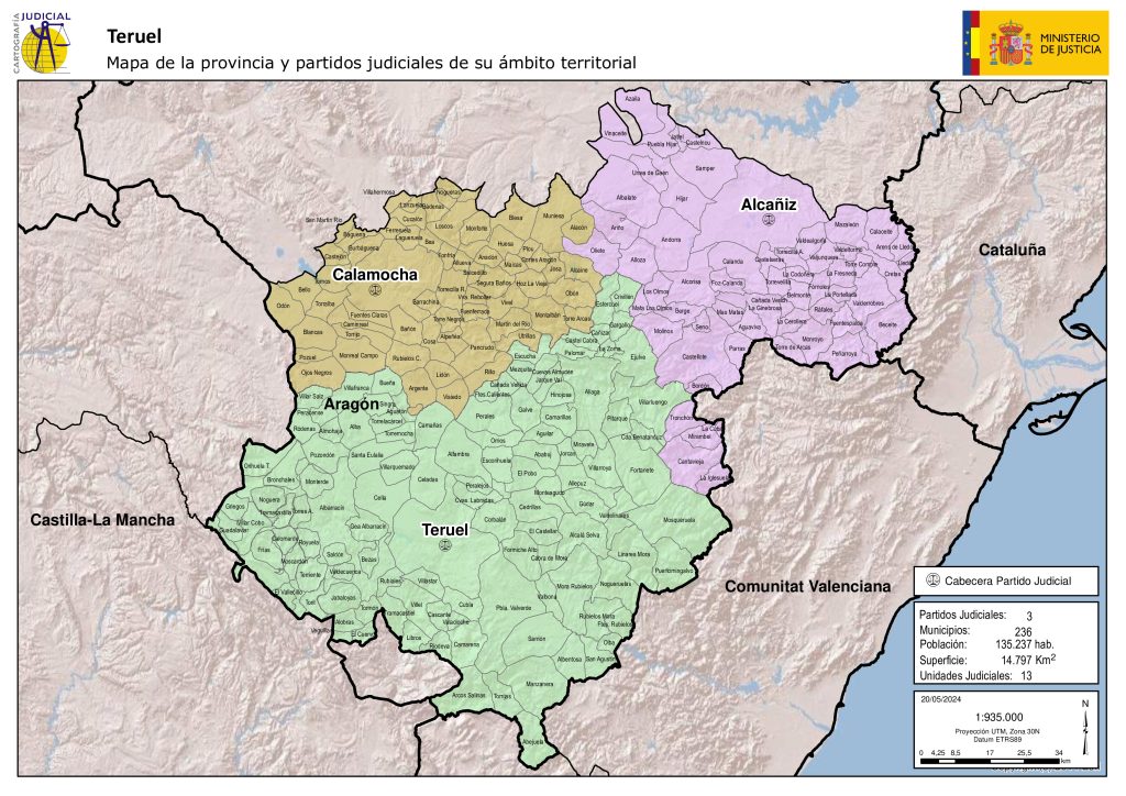 Mapa de los partidos judiciales de la provincia de Teruel.