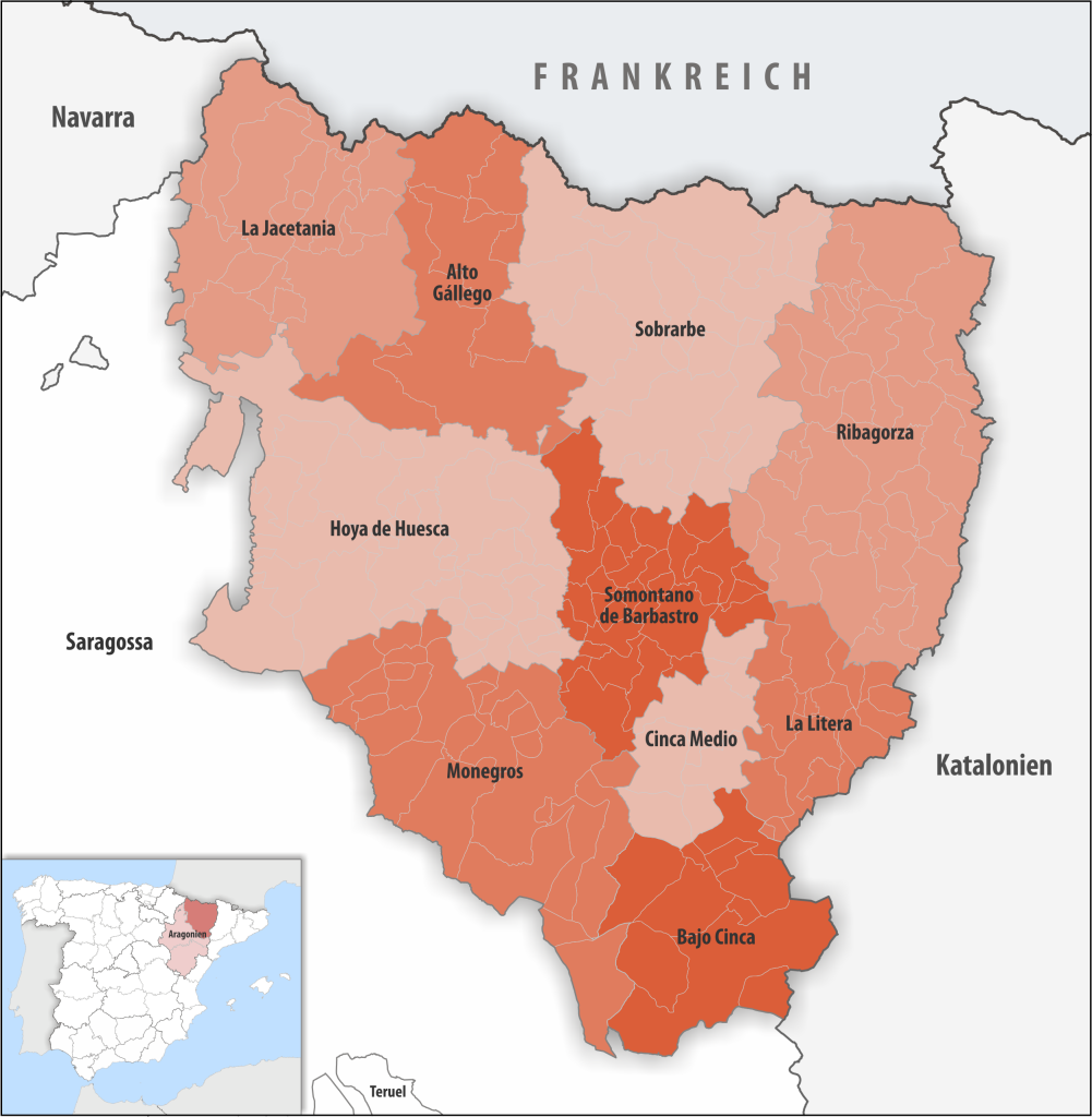 Mapa de las comarcas de la provincia de Huesca.