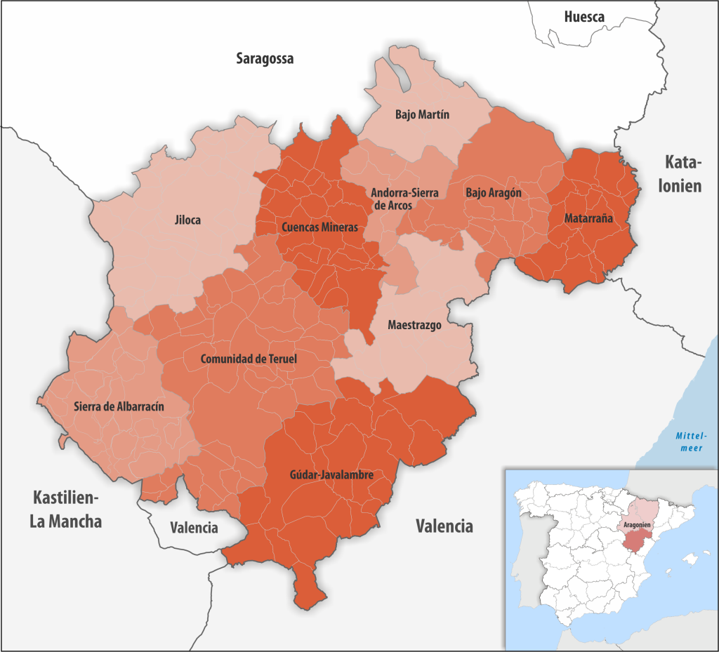 Mapa de las comarcas de la provincia de Teruel.