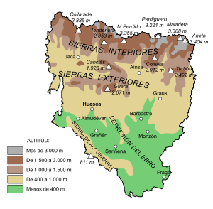 Mapa de relieve de la provincia de Huesca.