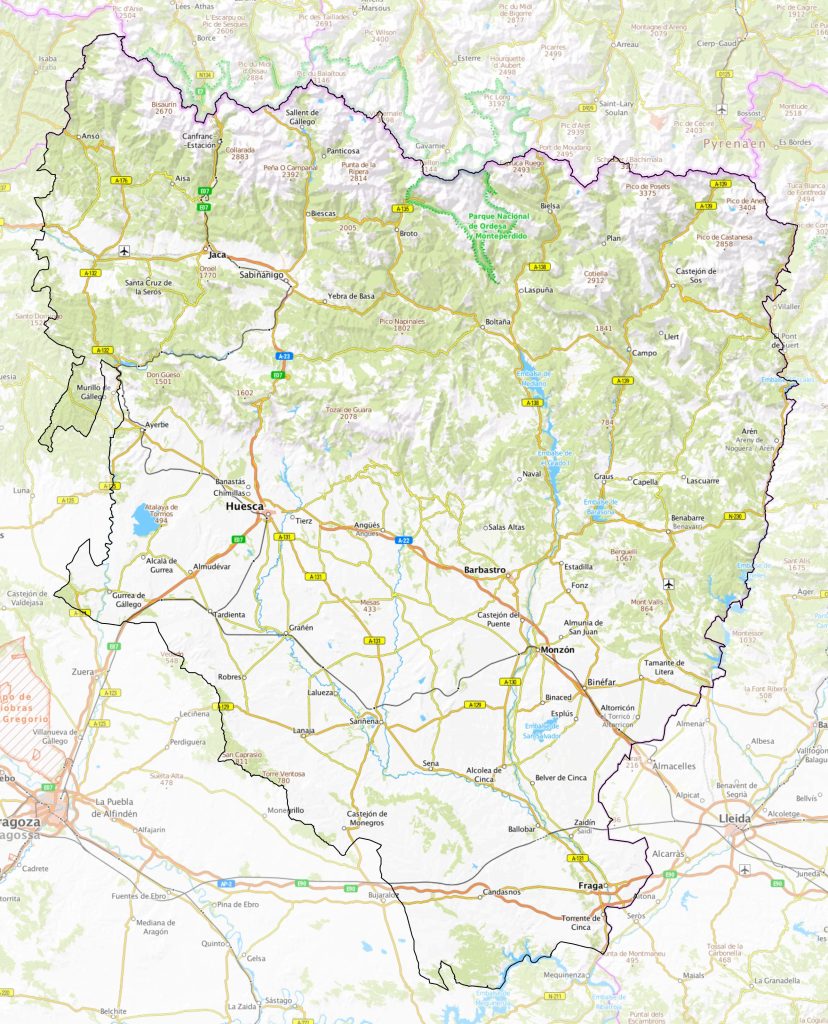 Mapa físico de la provincia de Huesca.