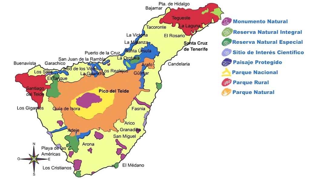 Mapa de los espacios naturales protegidos de Tenerife.