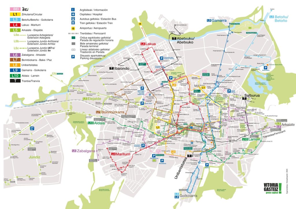 Plano del transporte público urbano de la ciudad de Vitoria.