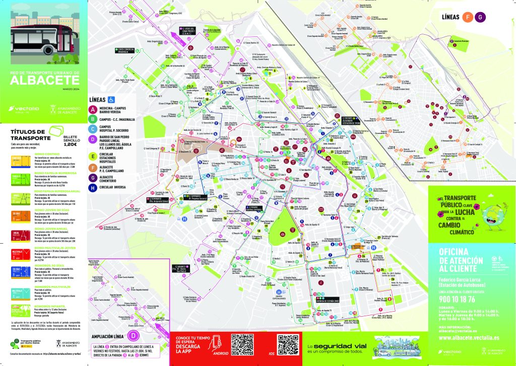 Mapa de las líneas de autobuses urbanos de la ciudad de Albacete a marzo 2024.