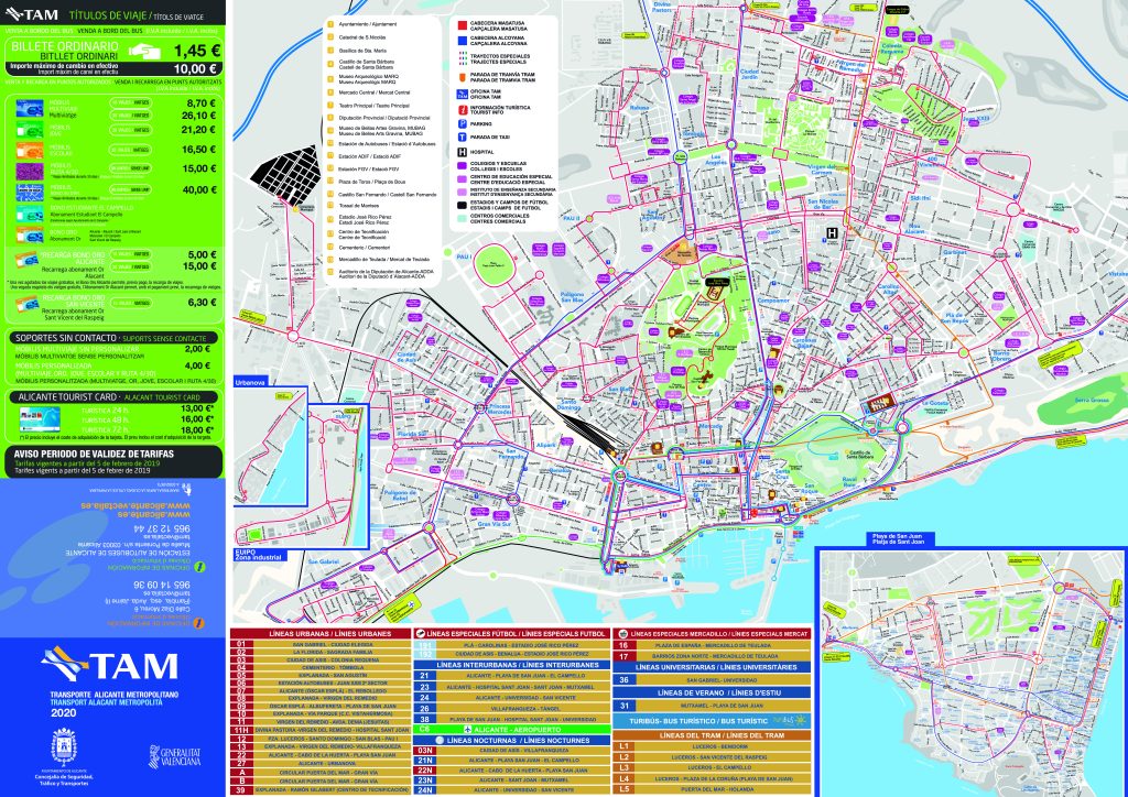 Mapa del sistema de transporte metropolitano de la ciudad de Alicante.