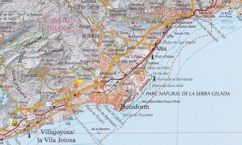 Mapa de accesos por carretera a Benidorm.