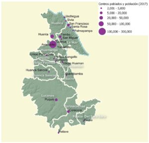 Mapa de los centros poblados y población en el departamento de Ayacucho en 2017. Mapa de los centros poblados y población en el departamento de Ayacucho en 2017.