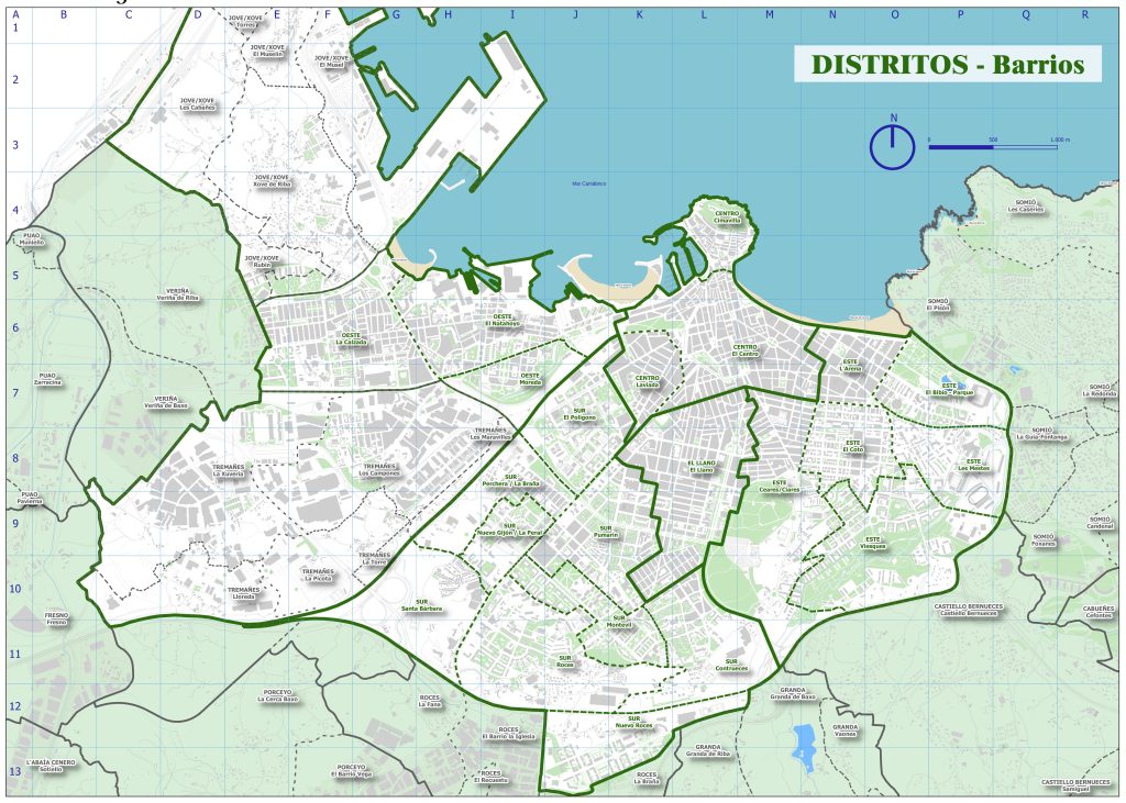 Mapa de los barrios de Gijón.