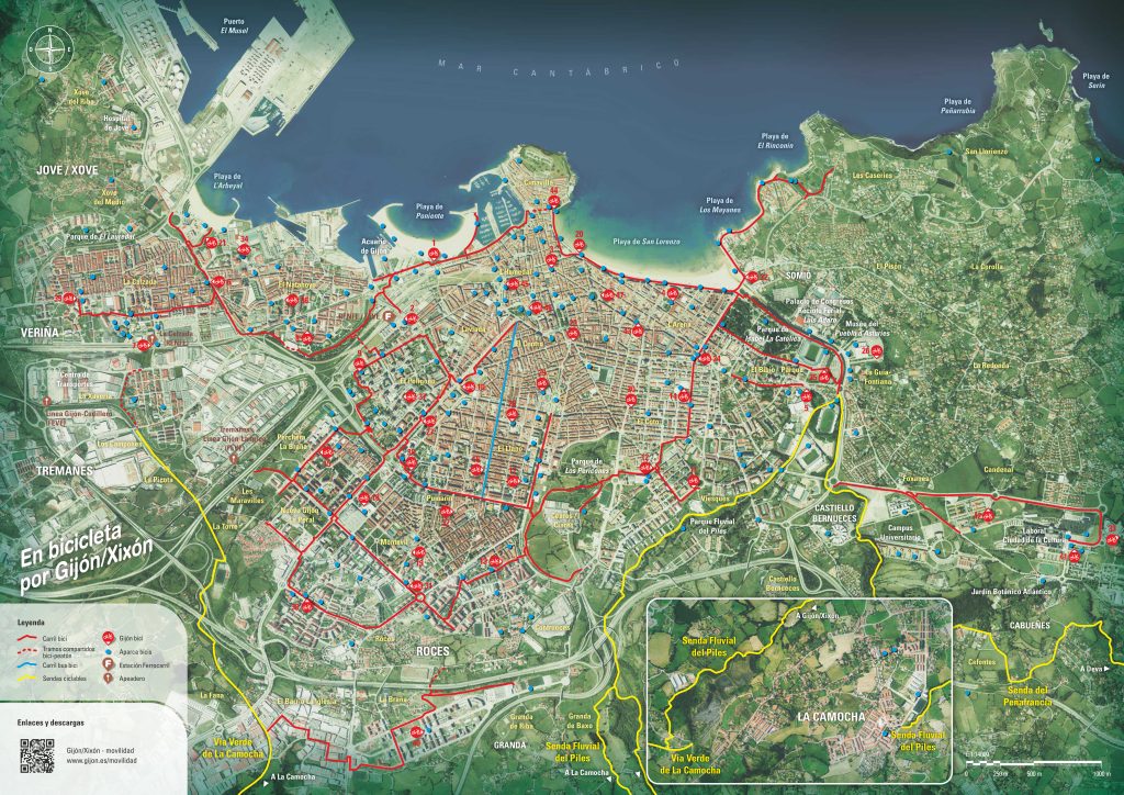 Mapa de rutas ciclistas de Gijón.