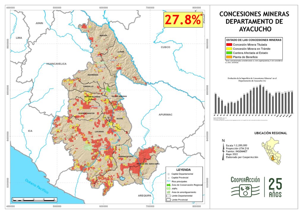 Mapa de las concesiones mineras en el departamento de Ayacucho mayo 2022.