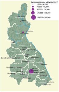 Mapa de los centros poblados y población en el departamento de Cajamarca.