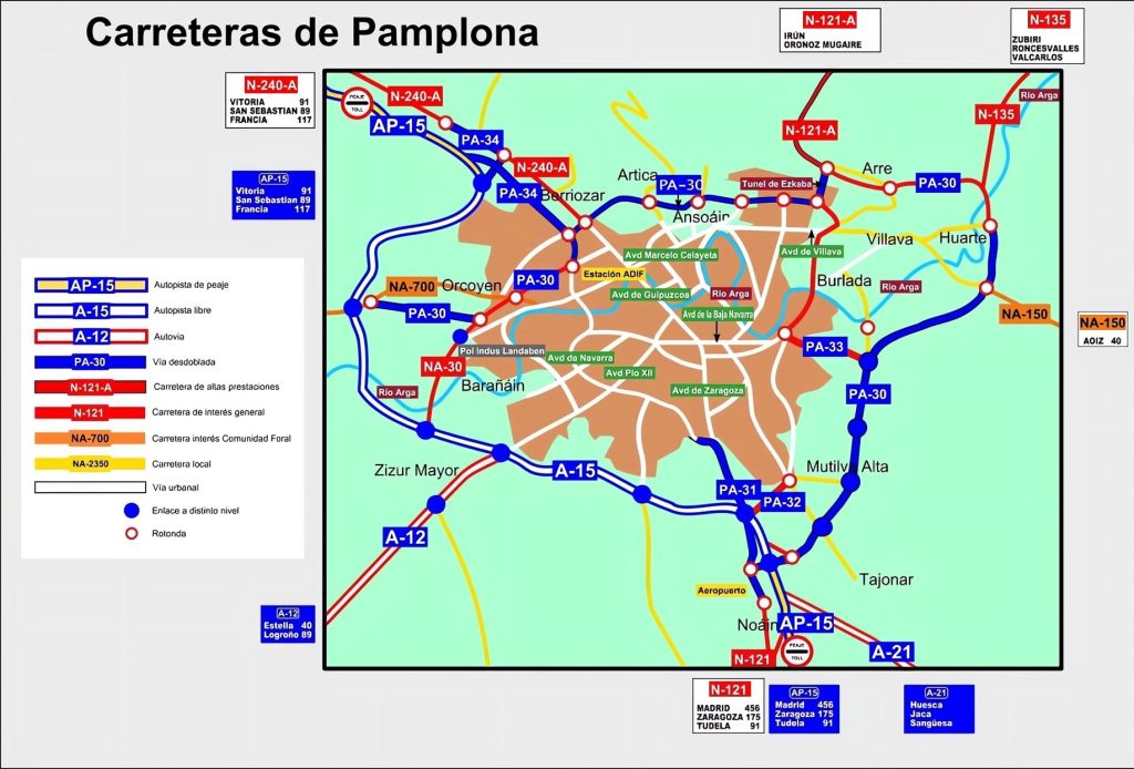 Mapa de accesos por carretera a la ciudad de Pamplona.