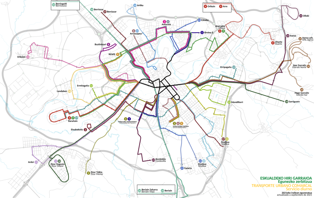 Plano de rutas de autobús en Pamplona y alrededores.