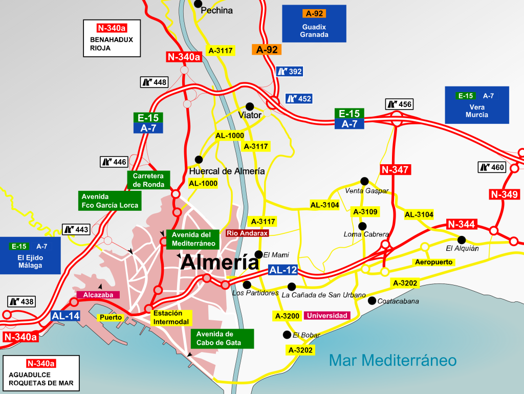 Mapa de accesos por carretera a la ciudad de Almería.