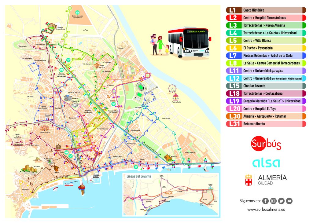 Plano del transporte público de autobuses en la ciudad de Almería.