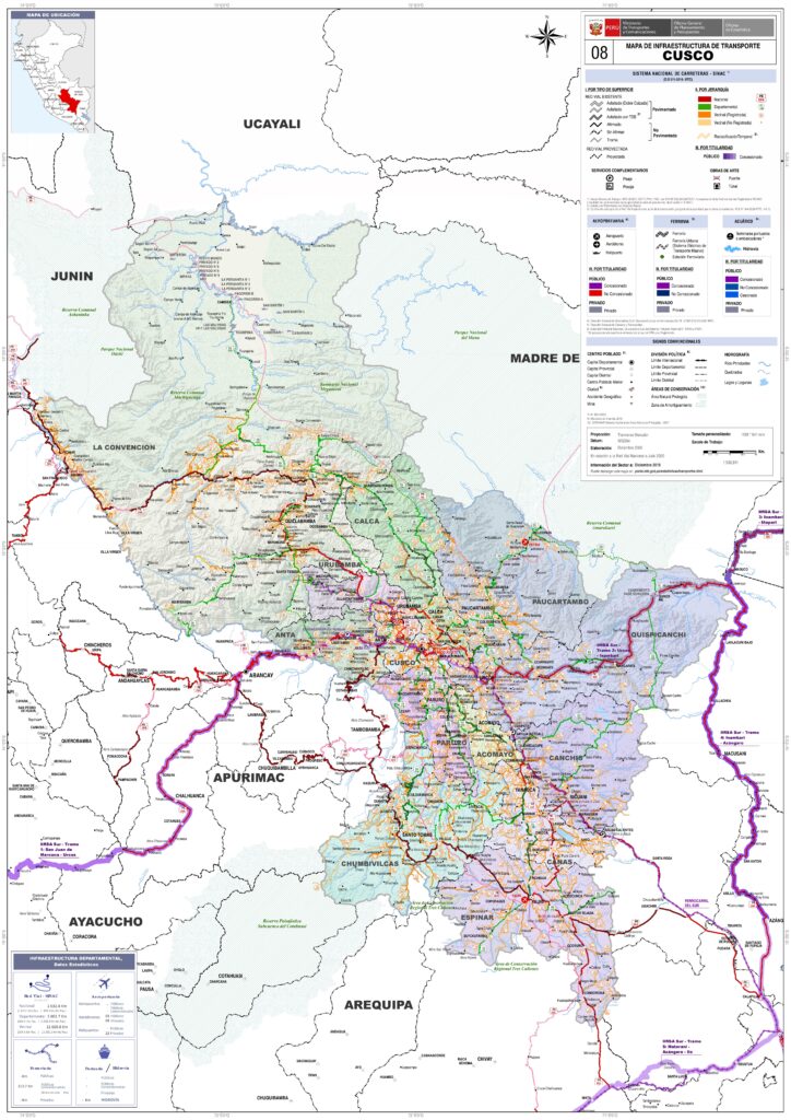 Mapa de las principales ciudades del departamento del Cuzco.
