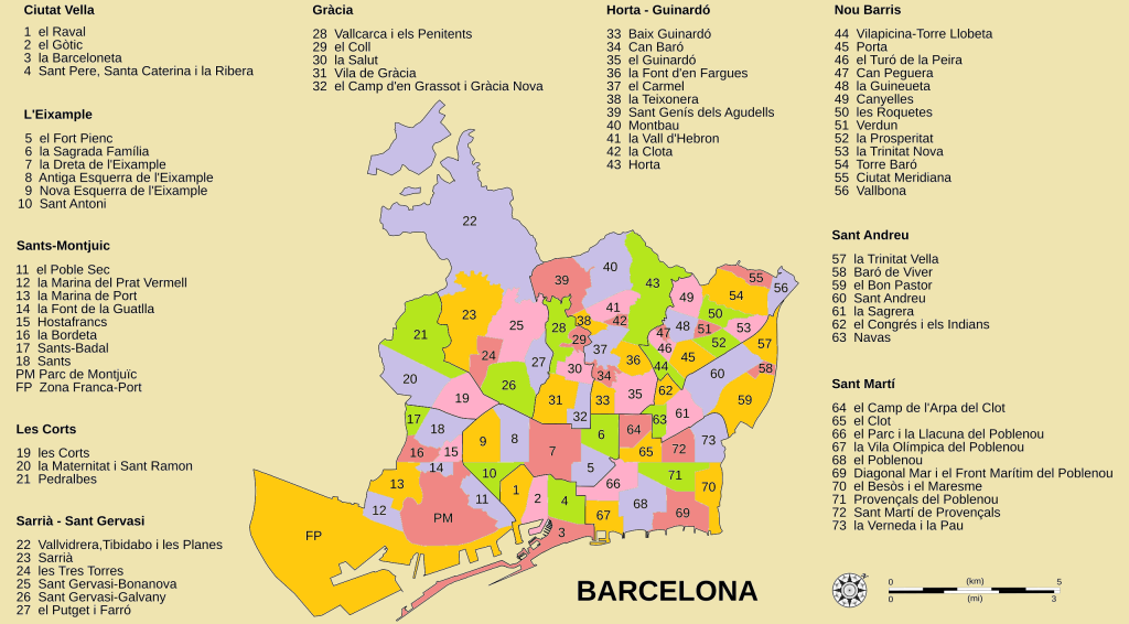 Mapa de los barrios de Barcelona.