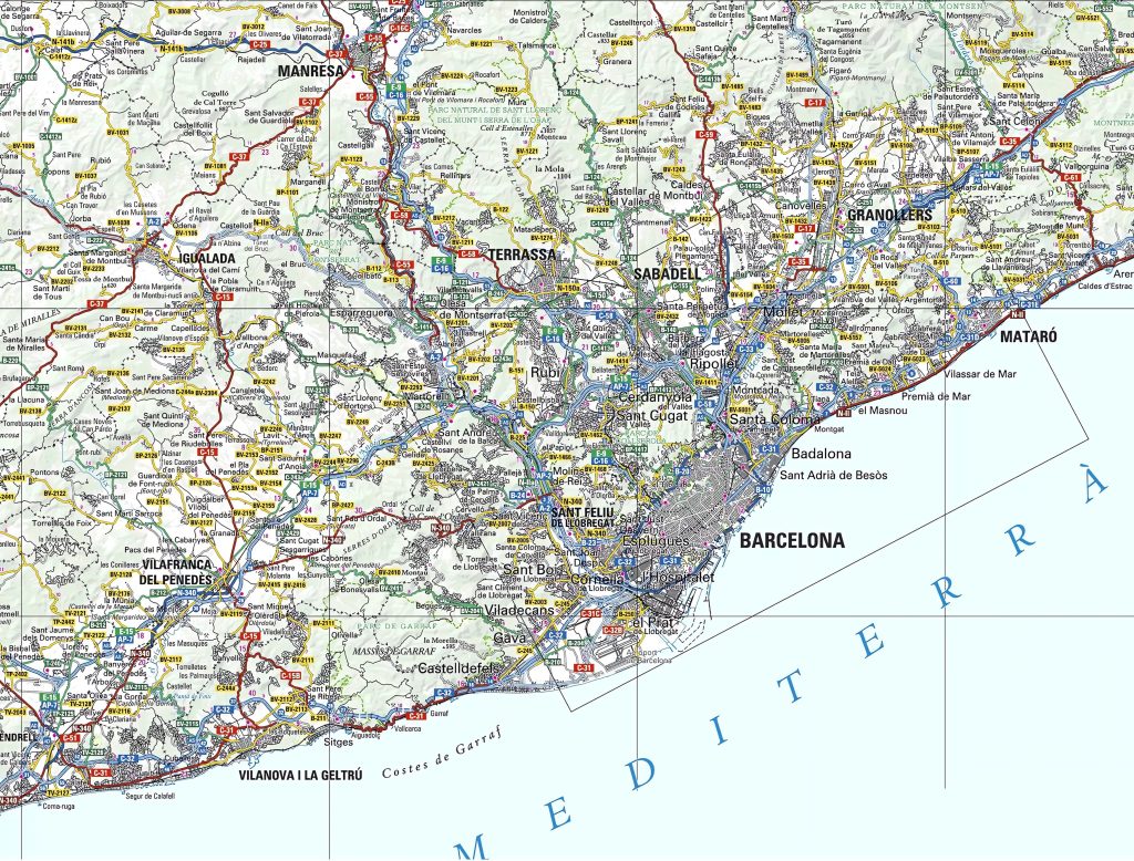 Mapa de accesos por carretera a la ciudad de Barcelona.