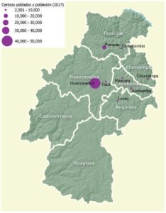 Mapa de los centros poblados y población en el departamento de Huancavelica en 2017.
