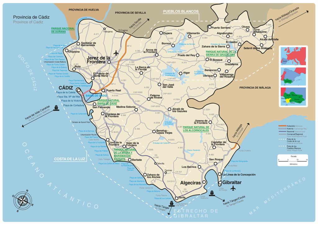 Mapa de carreteras de la provincia de Cádiz.