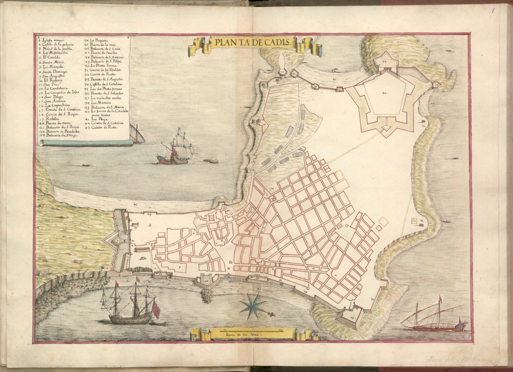 Mapa dibujado a mano del siglo XVII de Cádiz, España.