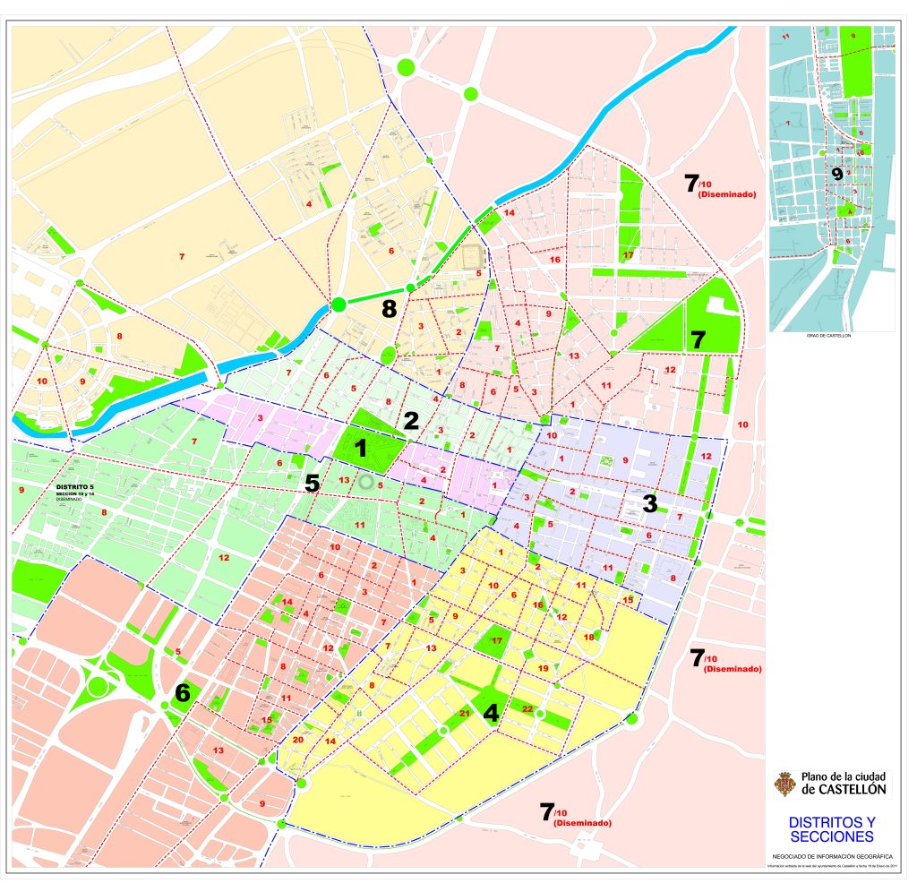 Plano de los distritos censales de Castellón de la Plana.