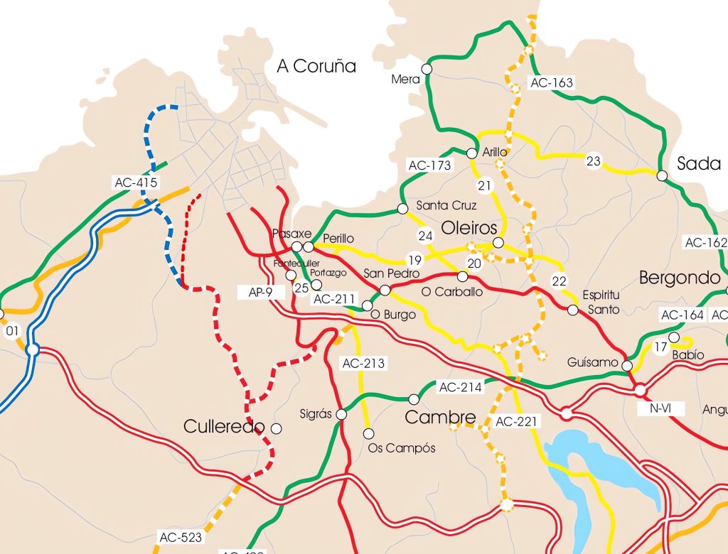 Mapa de ccesos por carretera a La Coruña.