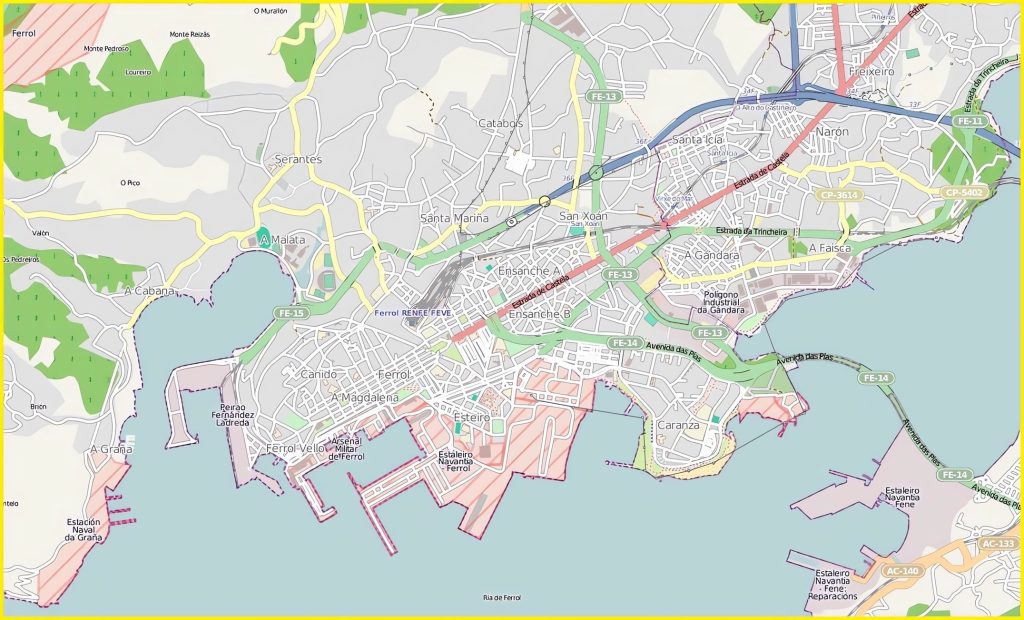 Mapa de accesos por carretera a Ferrol.