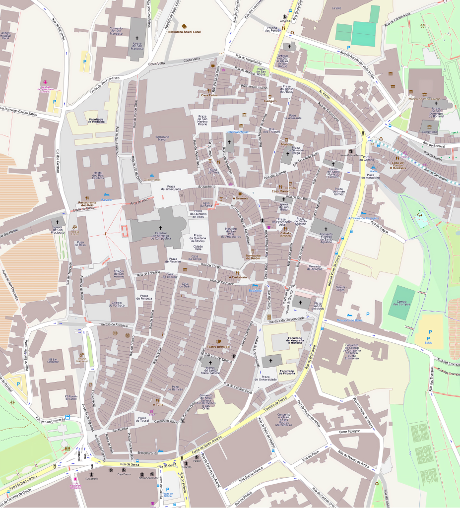 Plano del casco viejo de Santiago de Compostela.