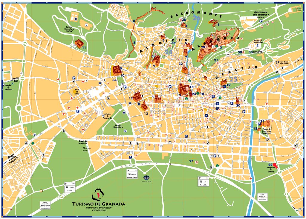 Plano turístico de la ciudad de Granada (España).