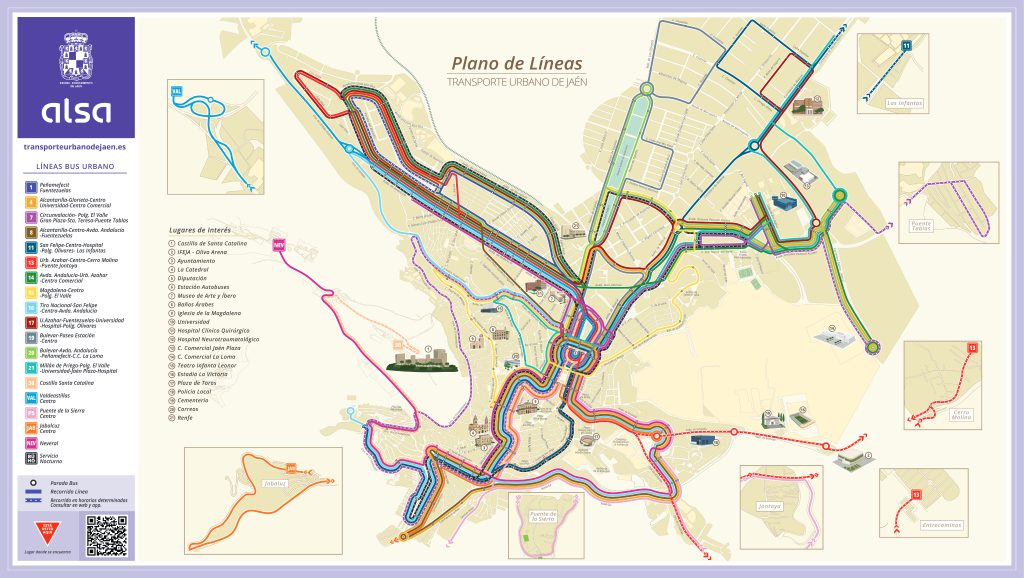 Plano de las líneas de autobuses urbanos de la ciudad de Jaén.