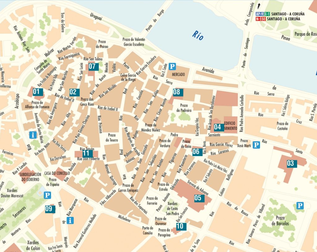 Plano del casco histórico de Pontevedra.