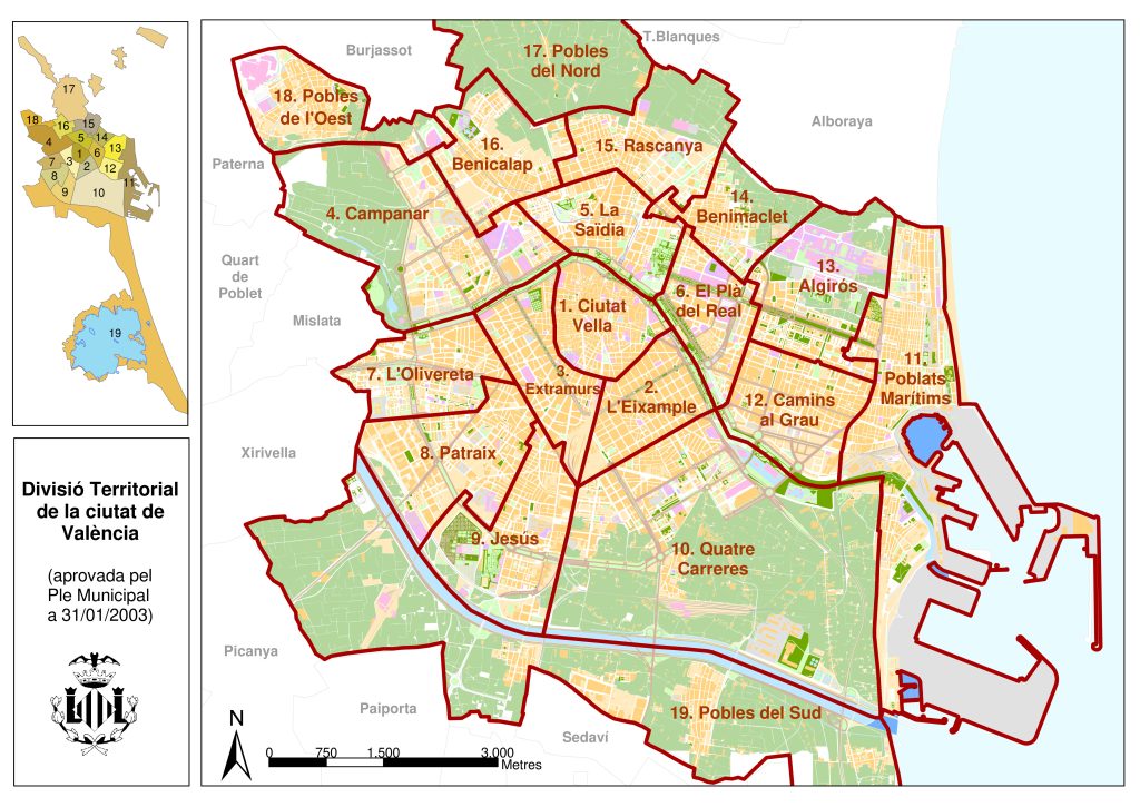 Plano de los distritos de Valencia.