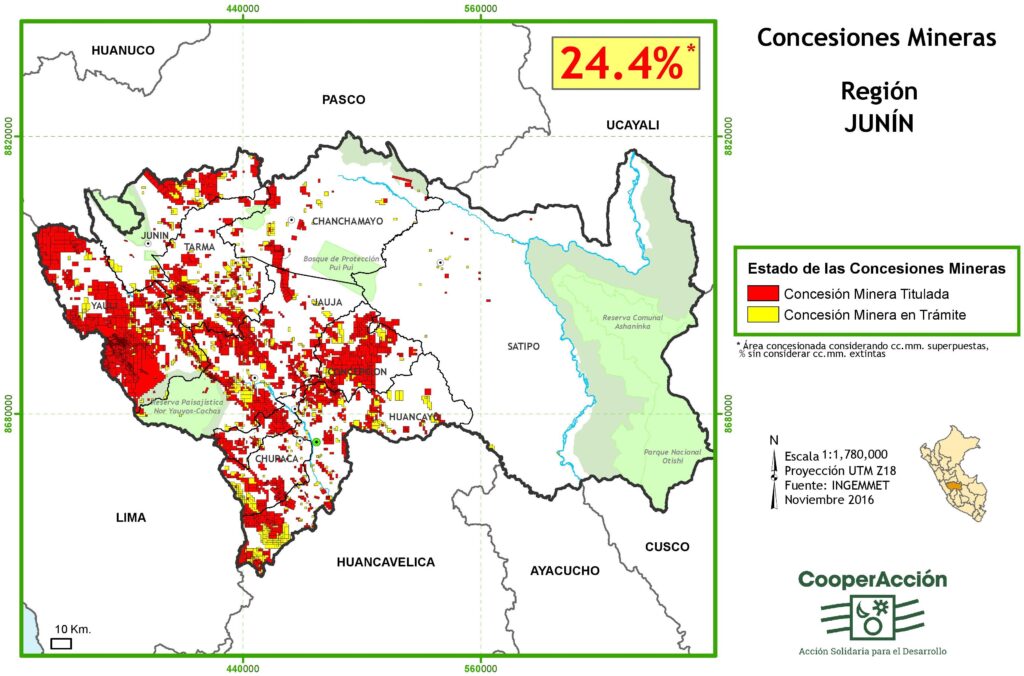 Mapa de las concesiones mineras en el departamento de Junín noviembre 2016.
