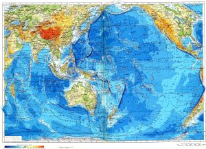 Mapa físico de los océanos Índico y Pacífico.