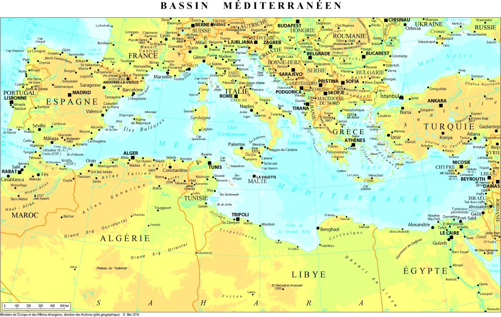 Mapa del mar Mediterráneo.