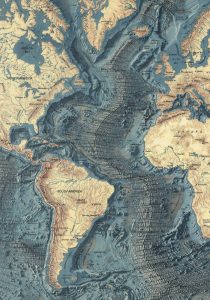 Mapa del fondo oceánico del océano Atlántico.