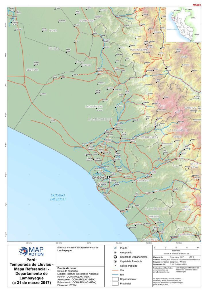 Mapa físico del departamento de Lambayeque.