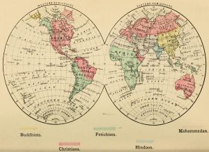Mapa de 1883 del mundo dividido en colores que representan a los cristianos, budistas, hindúes, mahometanos, fetichistas.