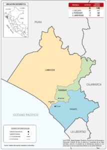 Mapa de la división política administrativa del departamento de Lambayeque.