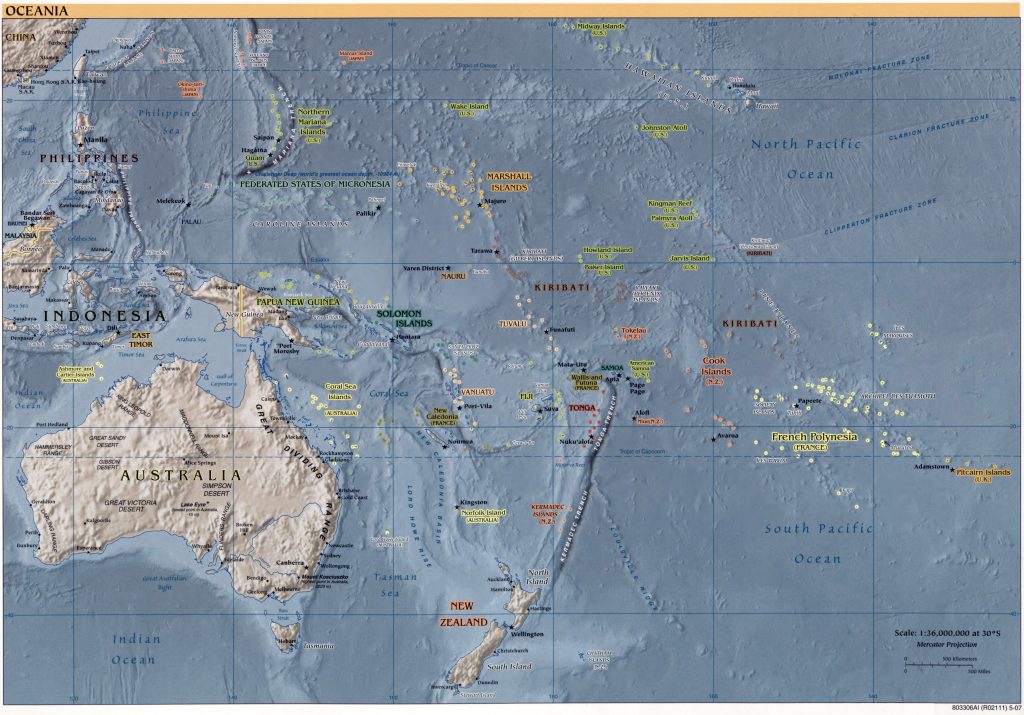 Mapa físico de Oceanía.