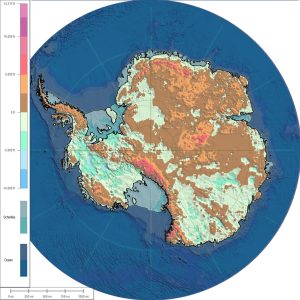 Mapa de la topografía subglacial y batimetría de la Antártida.